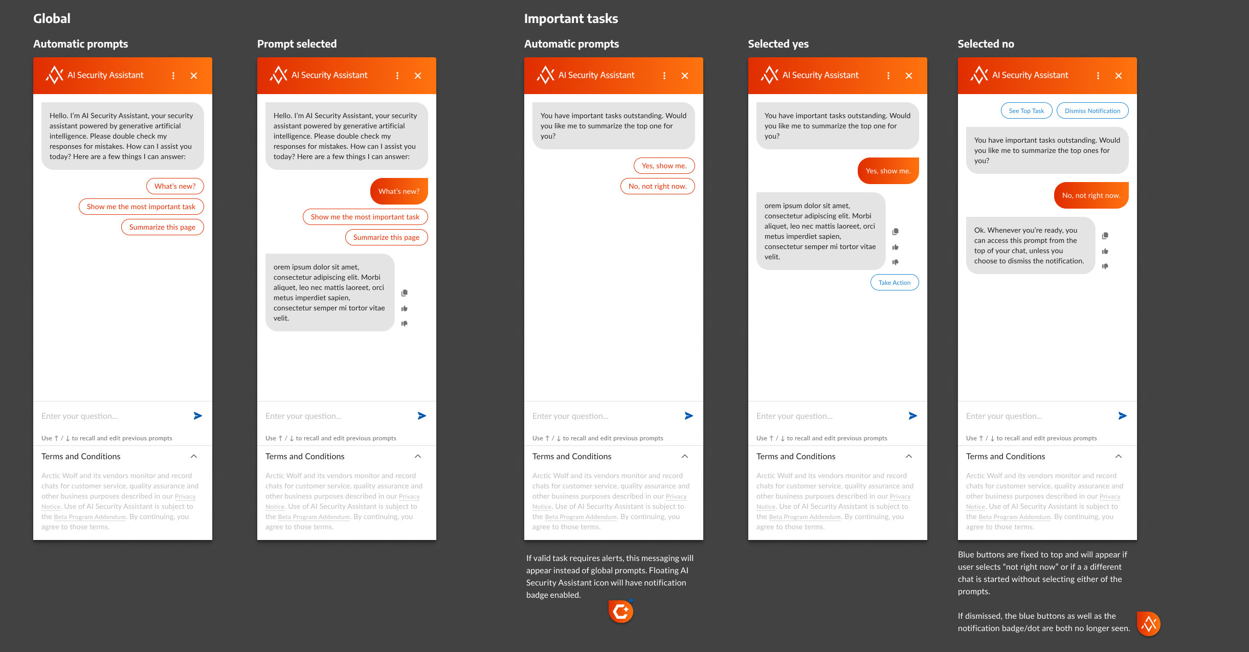 Contextual prompt pattern design: global and task-specific trigger logic for suggested prompts, with states for automatic, selected, and dismissed interactions
