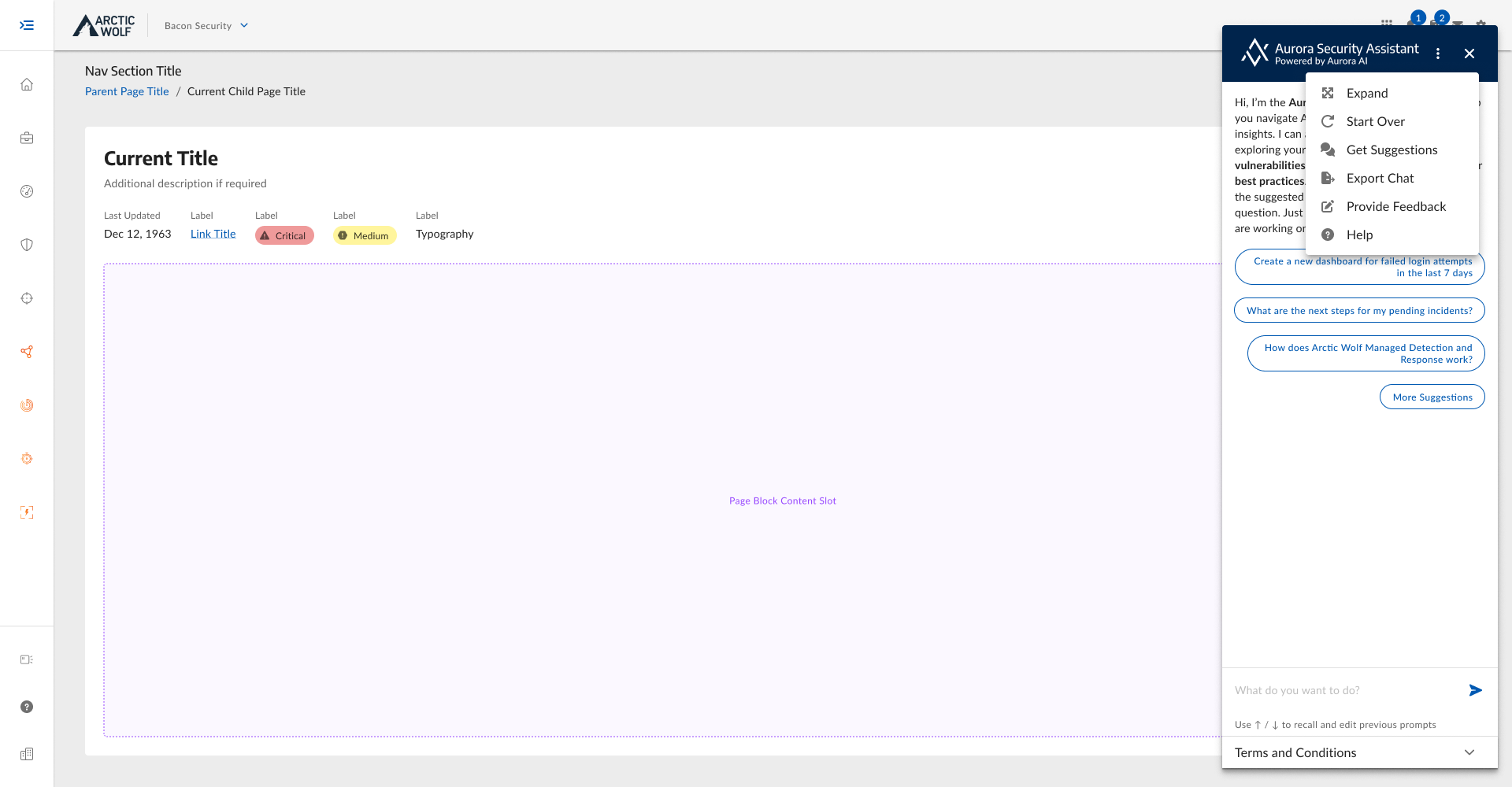 Aurora Security Assistant with utility menu open: Expand, Start Over, Get Suggestions, Export Chat, Provide Feedback, Help