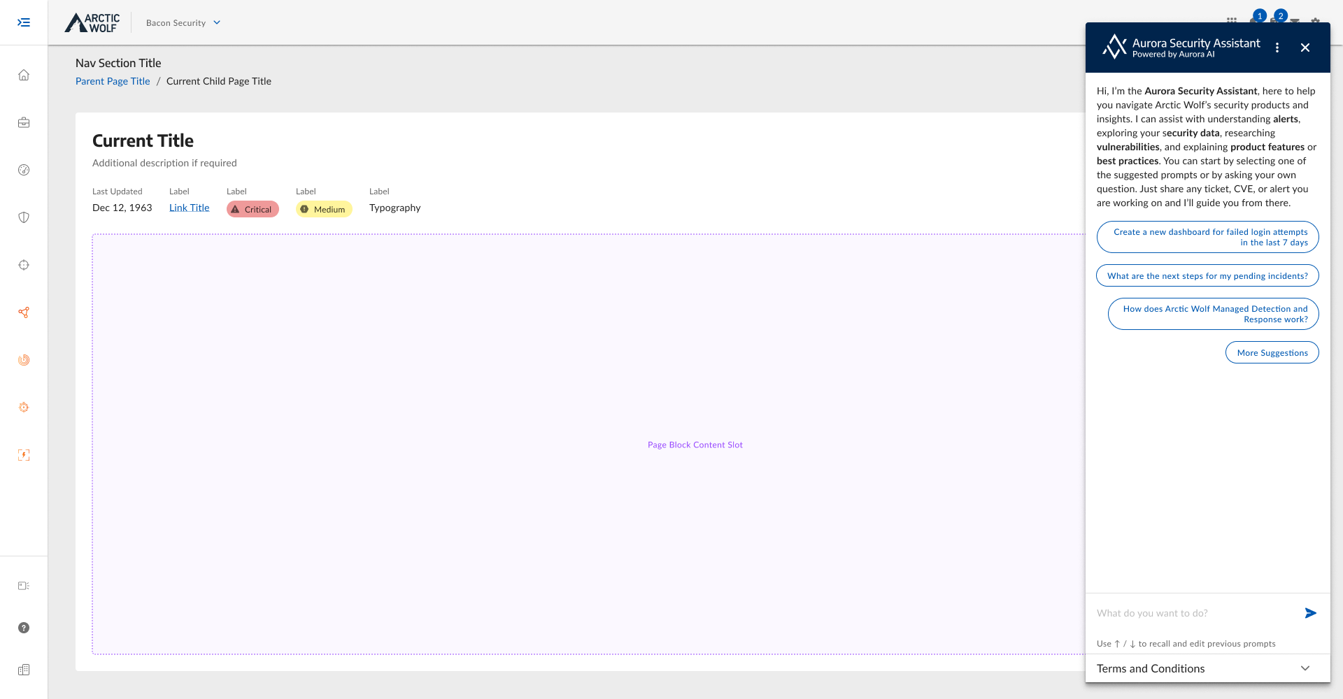 Aurora Security Assistant expanded panel with suggested prompts and conversational interface