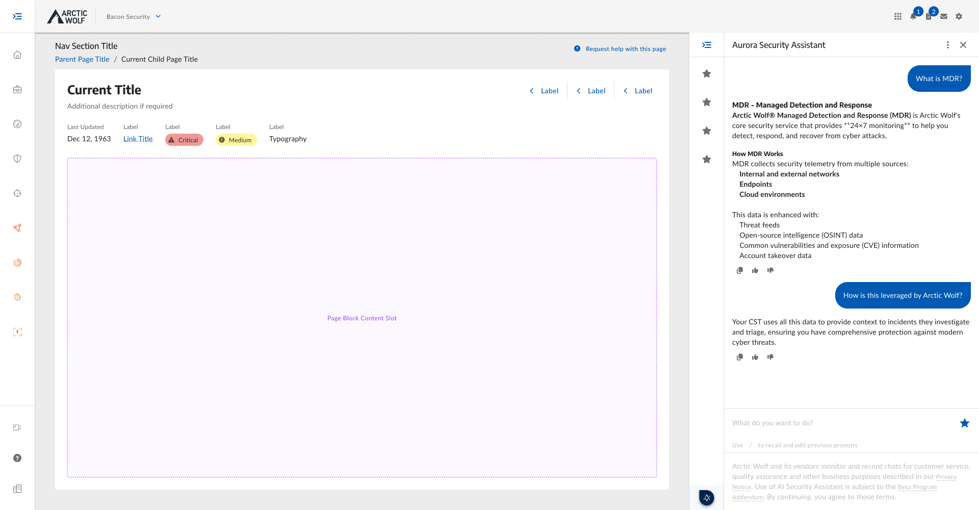 Page panel concept: Aurora Security Assistant as an embedded side column alongside portal content, showing an active conversation about MDR