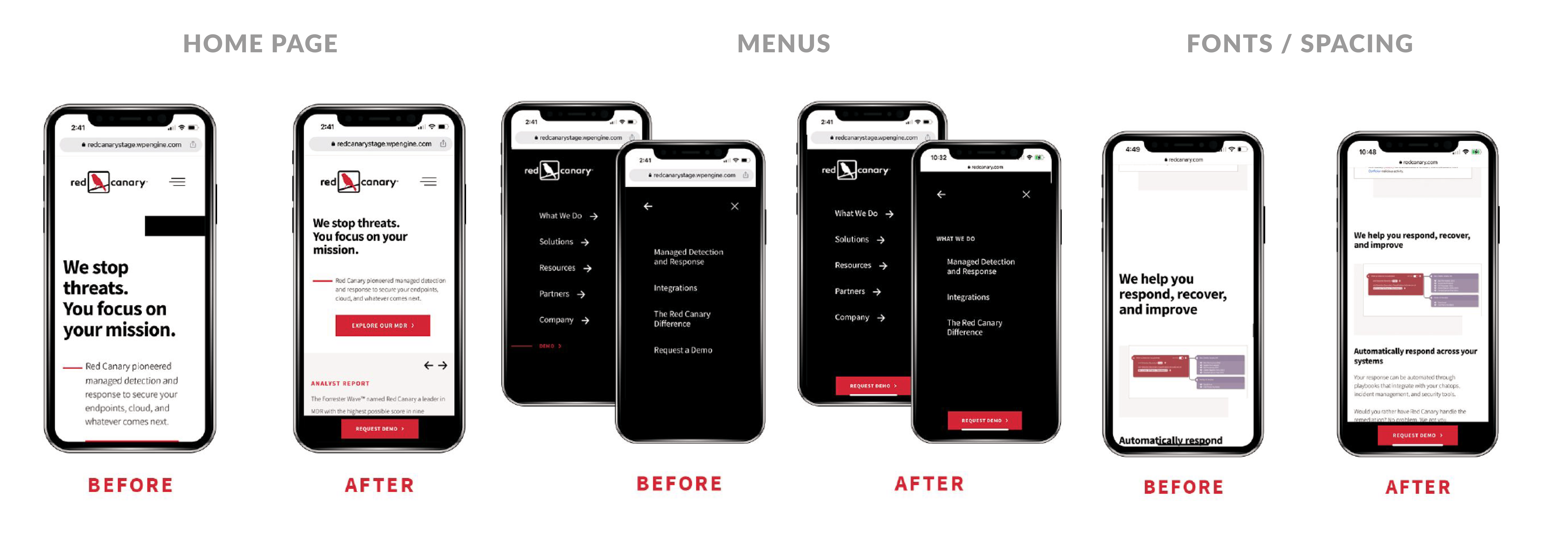 Before and after: Red Canary mobile redesign showing navigation, layout, and persistent CTA improvements