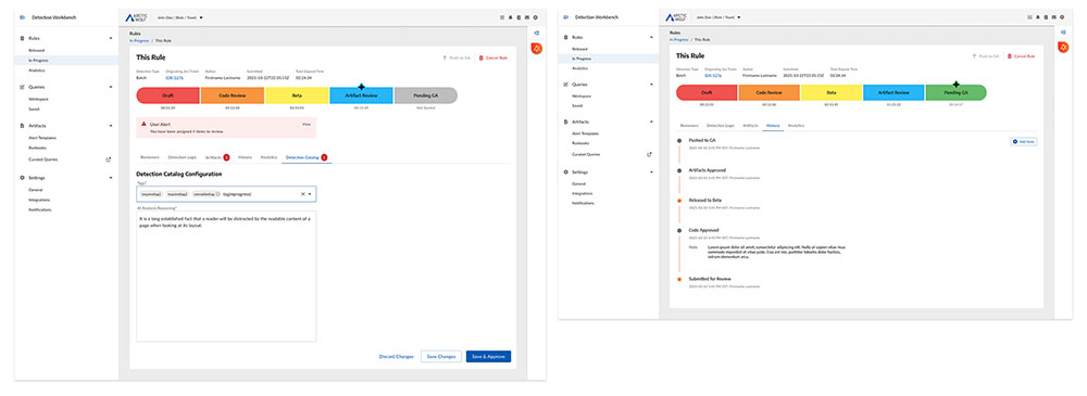 High-fidelity: in-workflow artifact editing and rule history tab