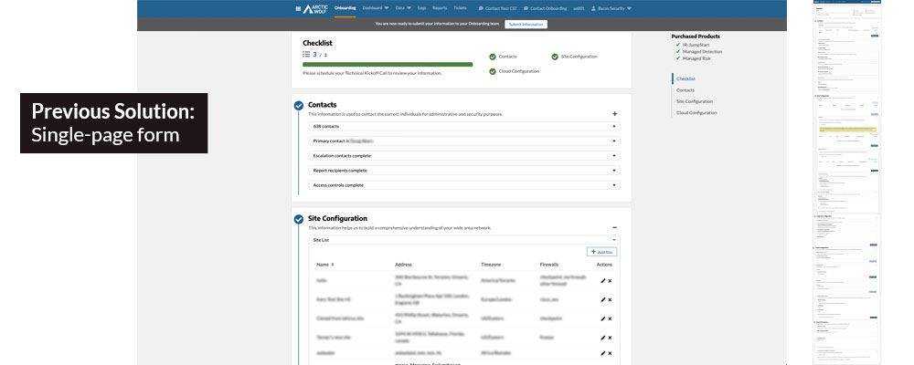 Previous solution: a single-page form with checklist sections for Contacts, Site Configuration, and Cloud Configuration, requiring deployment team co-completion
