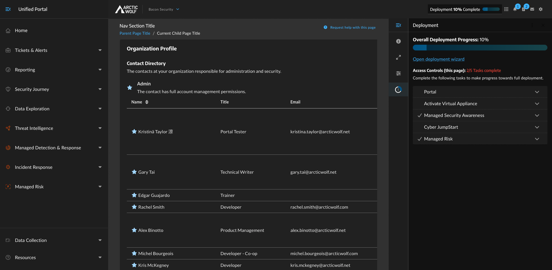 V2 page panel: persistent deployment progress panel on the right side of the portal, showing 10% overall progress, an 'Open deployment wizard' link, and section-level task completion
