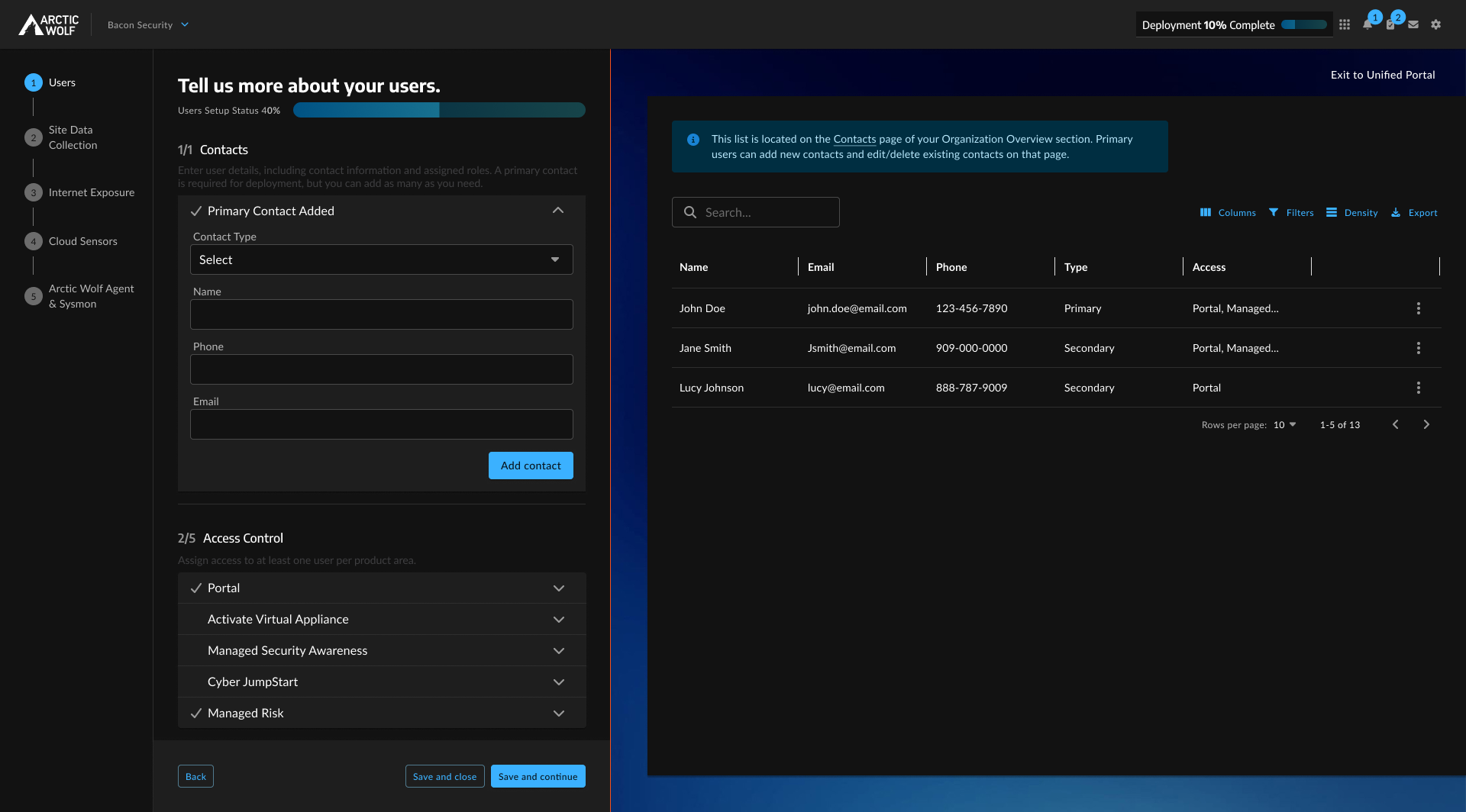 V2 wizard: Users step with an inline form expanded for adding a new contact, alongside the existing contacts table