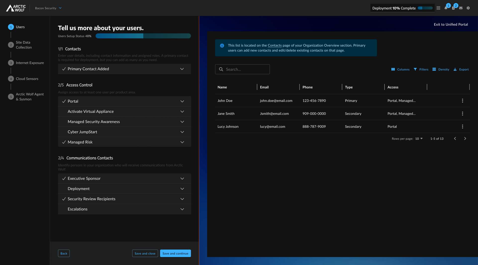 V2 wizard: Users step with progress bar, left nav showing section list, and right panel displaying the contacts table